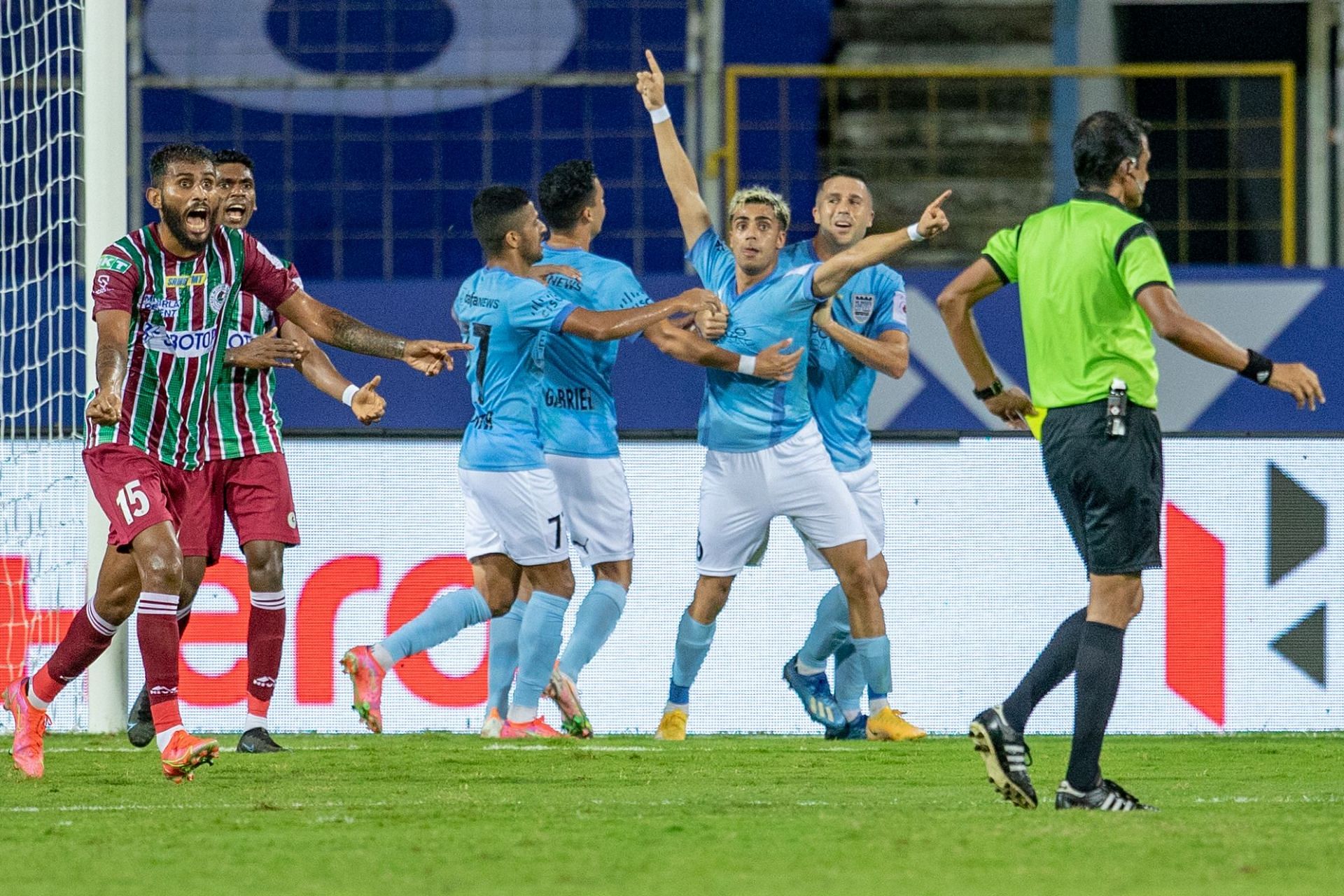 Mumbai City FC&#039;s Vikram Singh celebrating his brace against ATKMB (Image Courtesy: ISL)