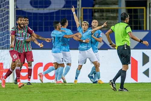 Mumbai City FC's Vikram Singh celebrating his brace against ATKMB (Image Courtesy: ISL)