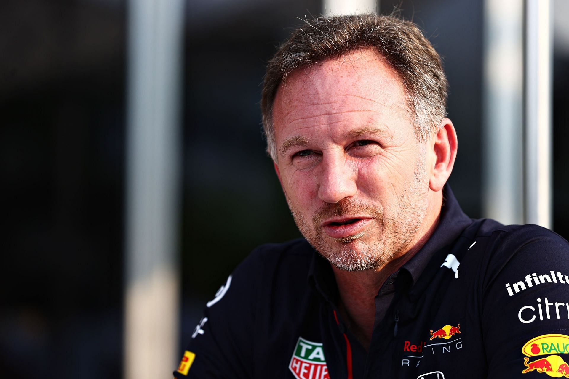 Red Bull F1 team principal Christian Horner talks in the F1 Paddock. (Photo by Mark Thompson/Getty Images)