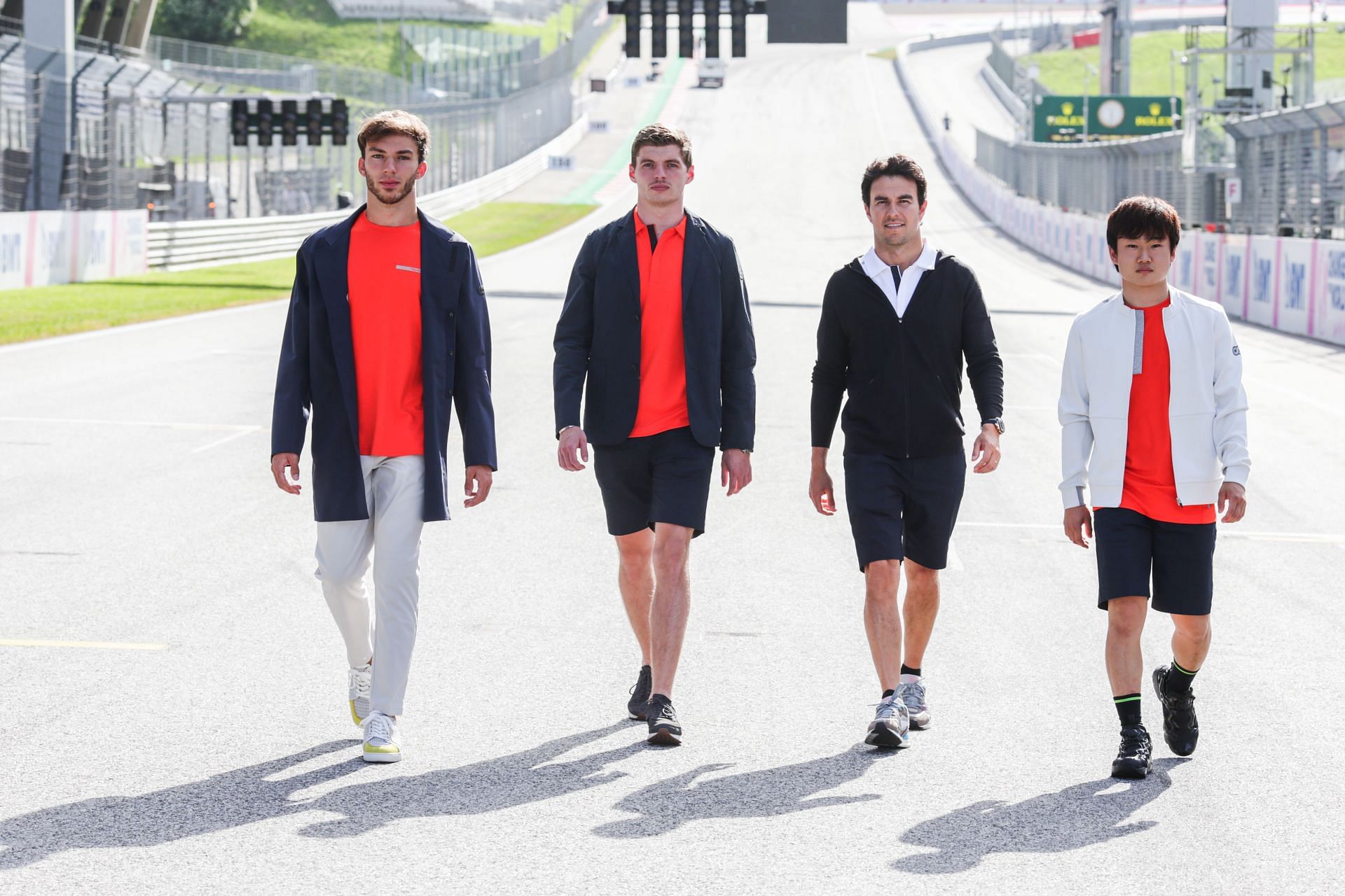 Pierre Gasly (left), Max Verstappen (second from left) Sergio Perez (second from right),Yuki Tsunoda (right) at the Red Bull Ring, 2021 Styrian Grand Prix