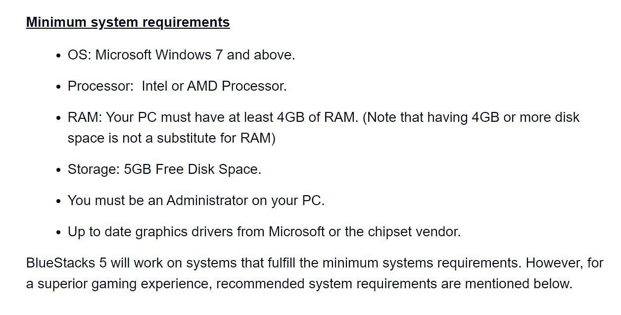 Hardware requirements (Image via BlueStacks)