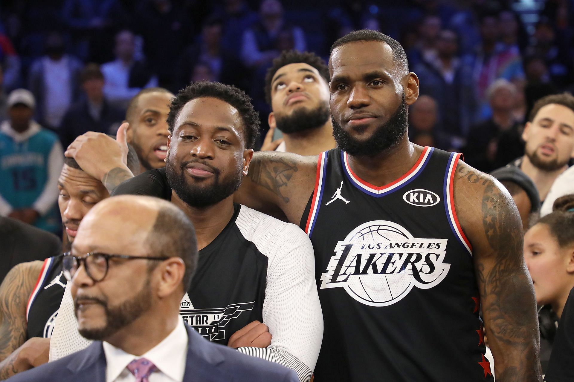 Dwyane Wade and LeBron James share a moment at the 2019 NBA All-Star Game