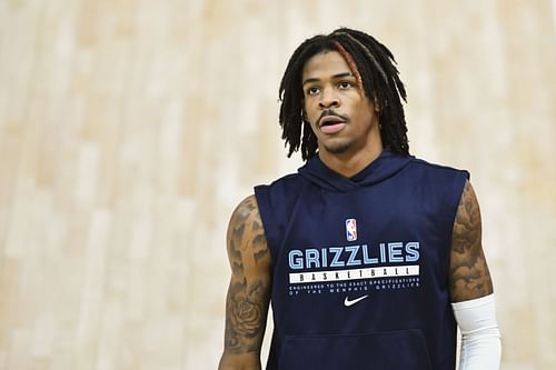 Ja Morant #12 of the Memphis Grizzlies warms up before Game Five of the Western Conference first-round playoff series against the Utah Jazz at Vivint Smart Home Arena on June 2, 2021 in Salt Lake City, Utah.