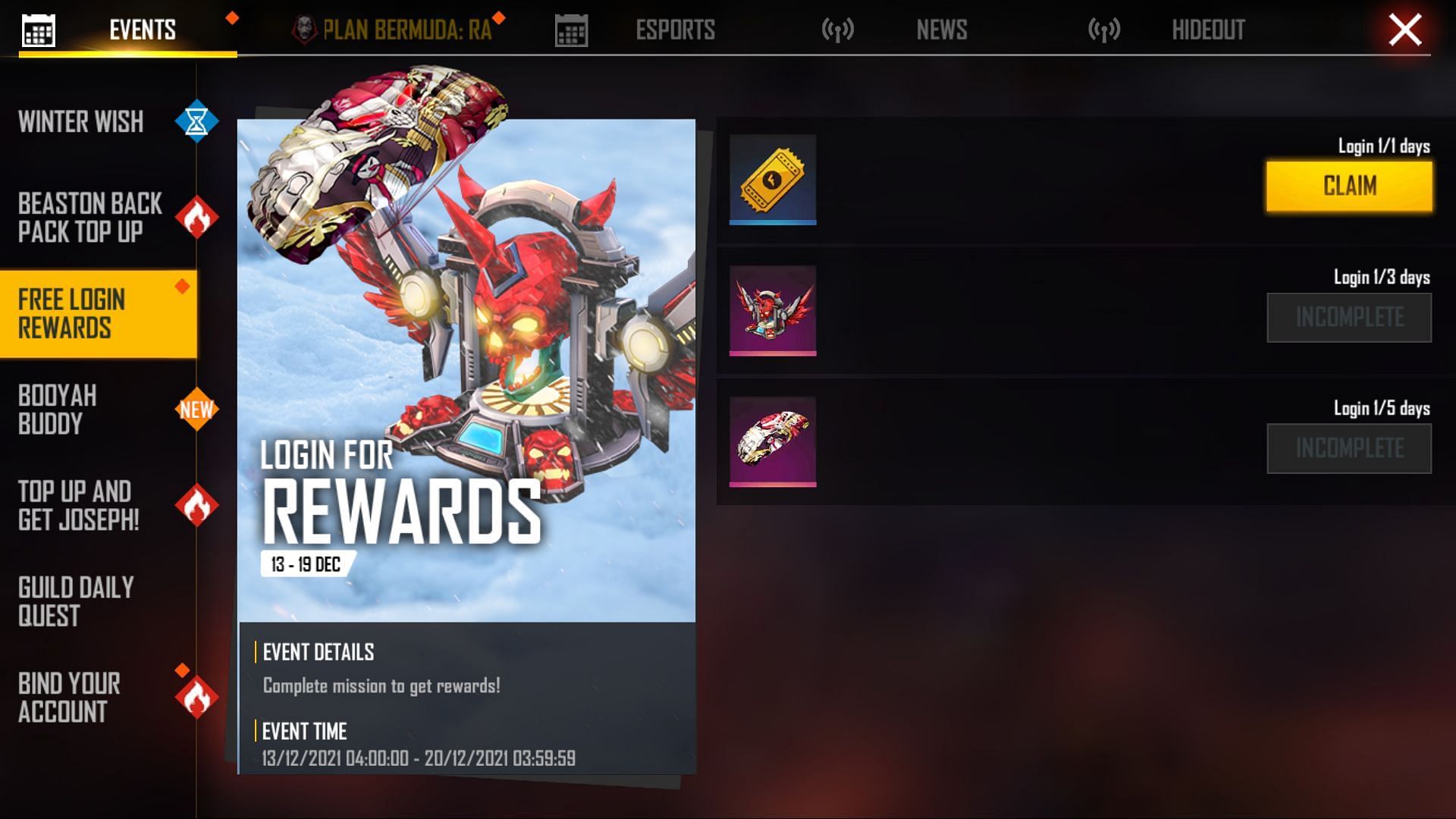 Click the claim button to get the item (Image via Free Fire)