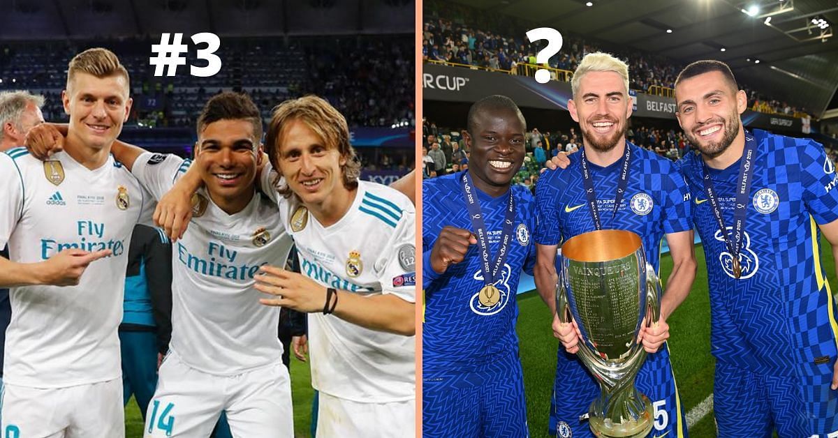 Toni Kroos, Casemiro and Luka Modric of Real Madrid and N&#039;Golo Kante, Jorginho and Mateo Kovacic of Chelsea