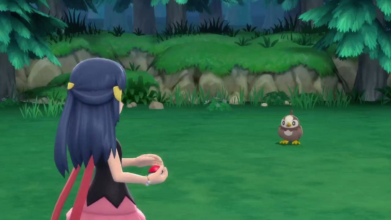 A trainer encountering Starly near the start of Pokemon Brilliant Diamond and Shining Pearl (Image via ILCA)