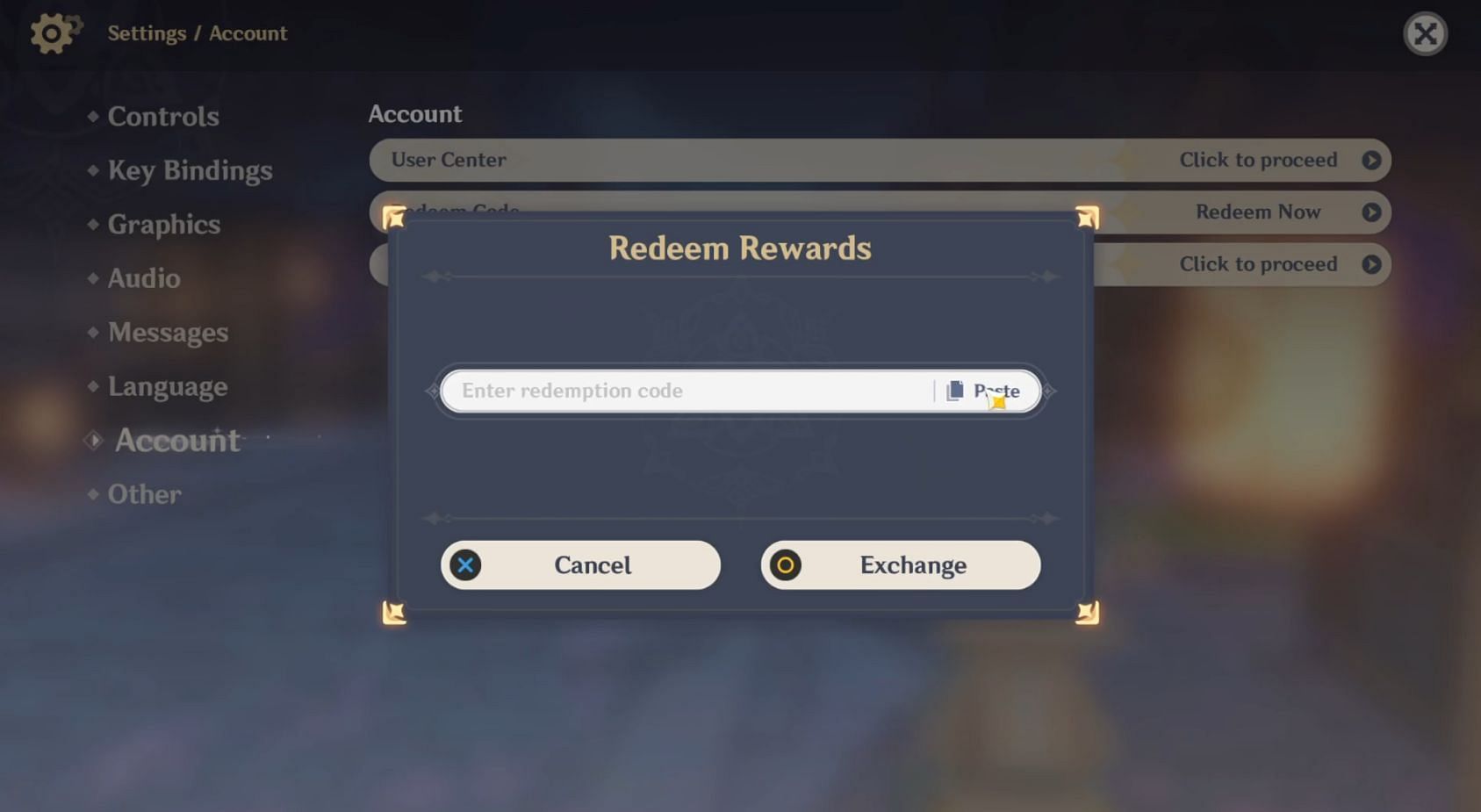 Enter the code in Redeem Rewards section (Image via Genshin Impact)