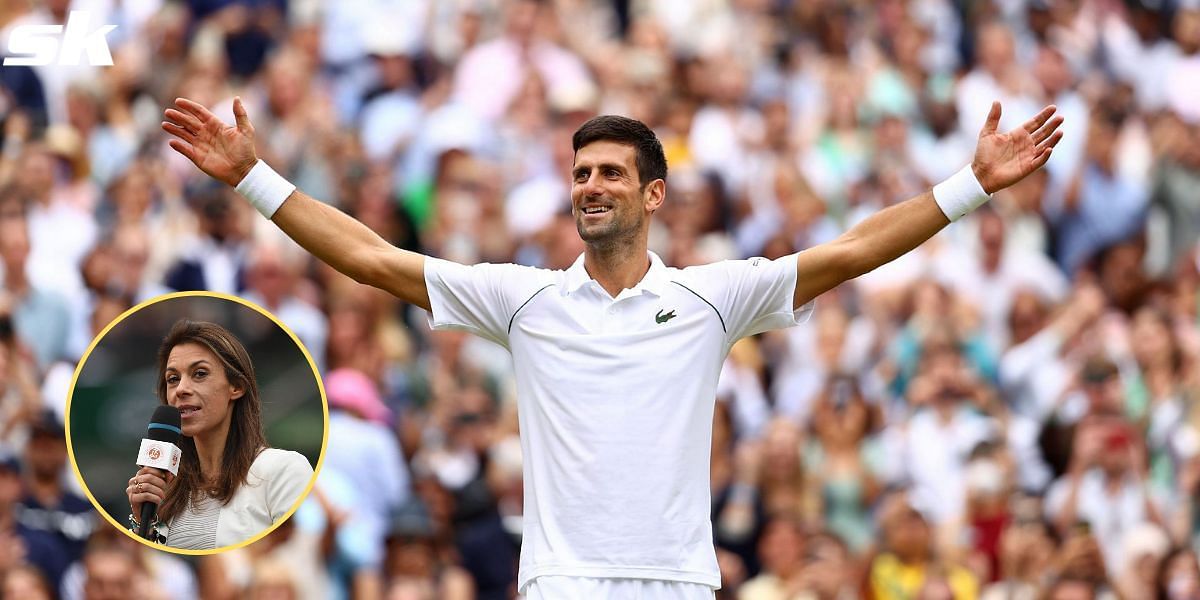 Novak Djokovic celebrates winning the men&#039;s singles final at the 2021 Wimbledon Championships