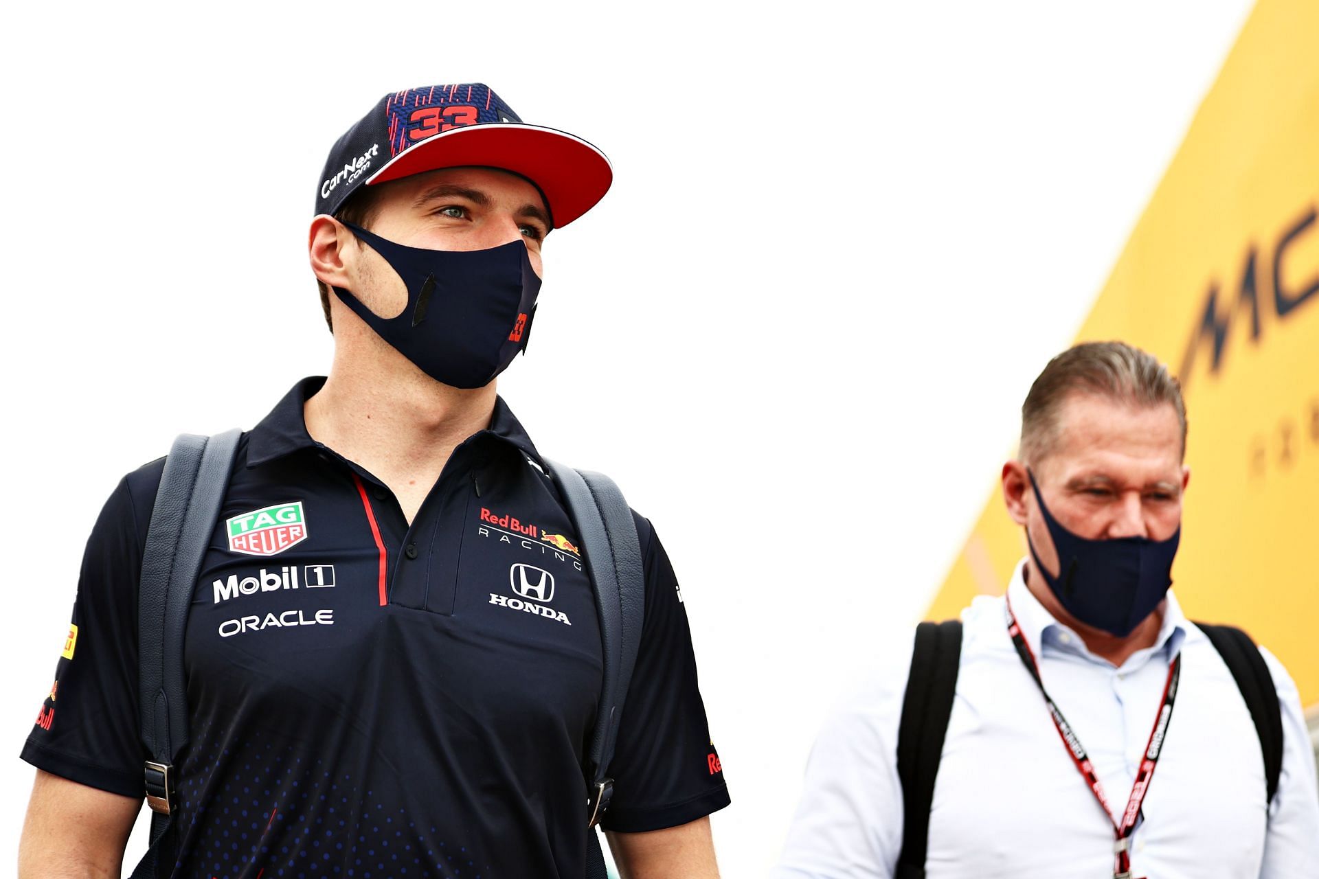 Max Verstappen walks in the Paddock with his father Jos Verstappen. (Photo by Mark Thompson/Getty Images)