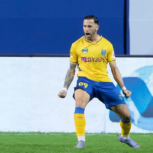 Alvaro Vazquez celebrates his maiden ISL goal in KBFC colours. (Image Courtesy - ISL)