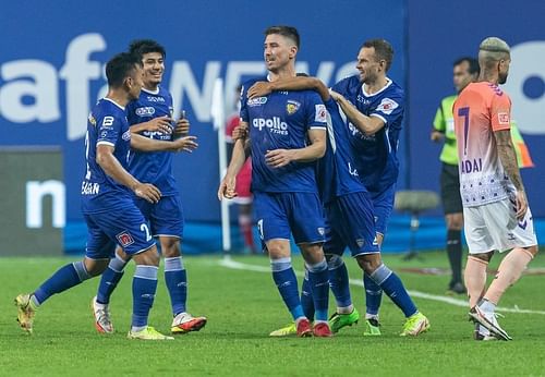 Chennaiyin FC players celebrate their second goal of the match (Image Courtesy: ISL)