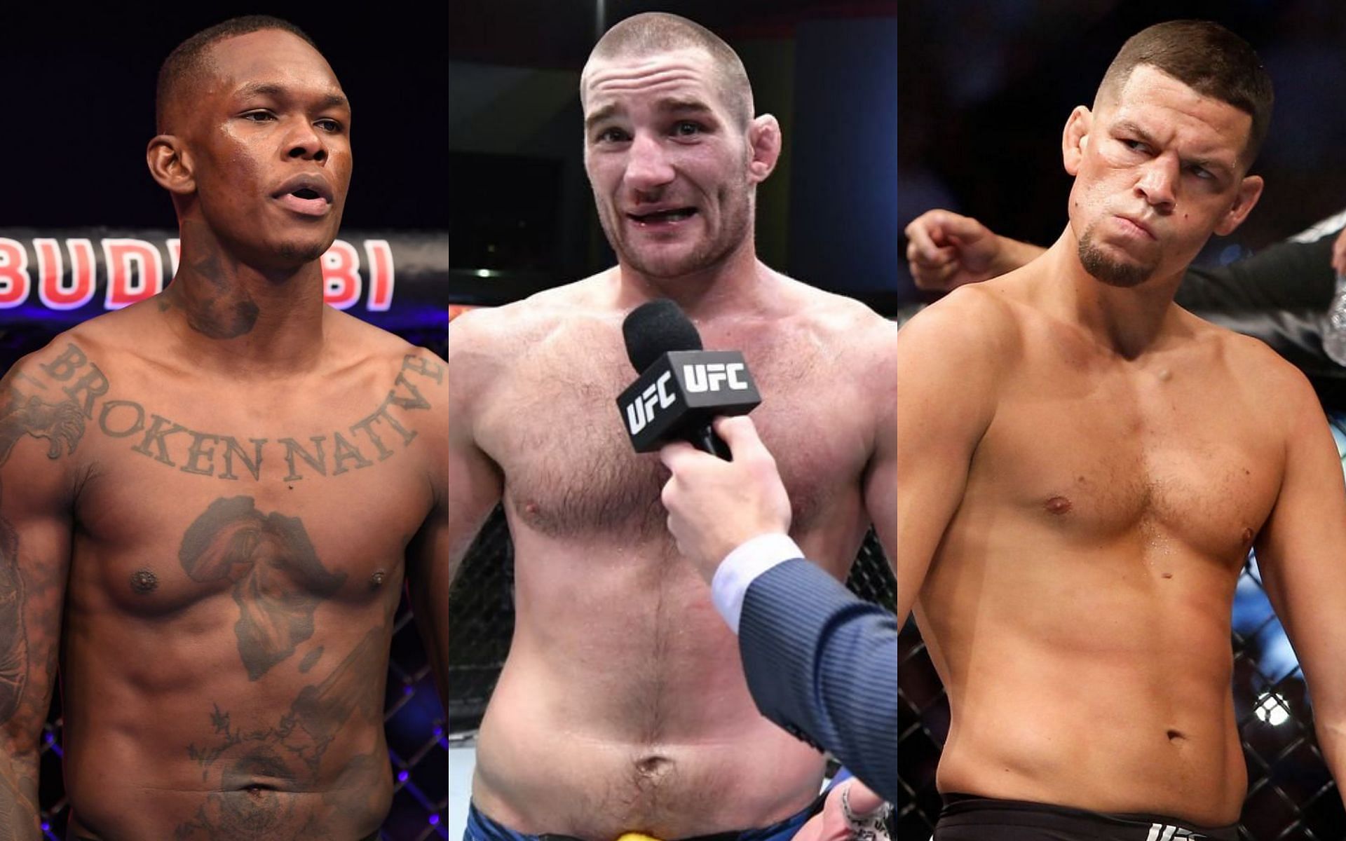 L-R: Israel Adesanya, Sean Strickland, and Nate Diaz [Left-most photo via @MMAFighting on Twitter]