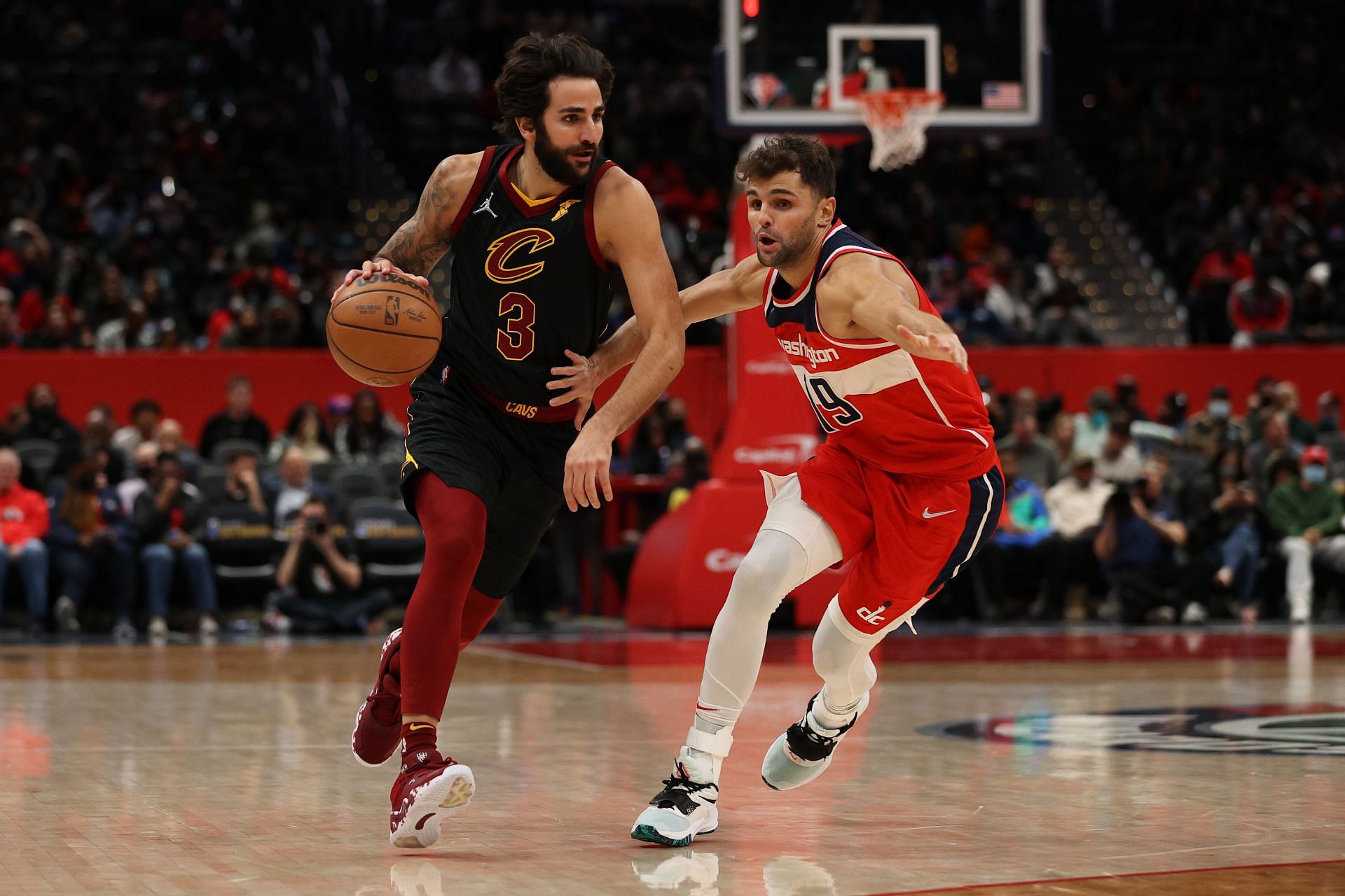 Ricky Rubio of the Cleveland Cavaliers drives against the Washington Wizards at Capital One Arena on Dec. 03, 2021, in Washington, DC.
