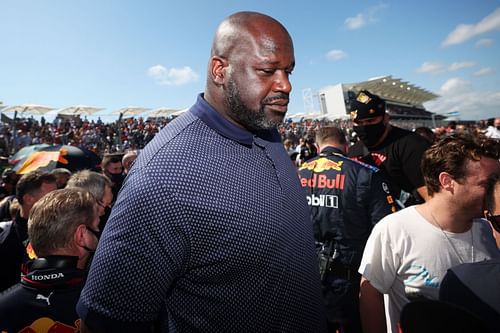 Shaquille O'Neal walks on the grid before the F1 Grand Prix of USA at Circuit of The Americas