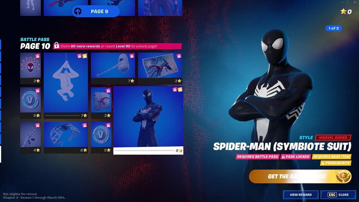 The Black Suit Spider-Man is the last page and requires a lot of XP (Image via Epic Games)