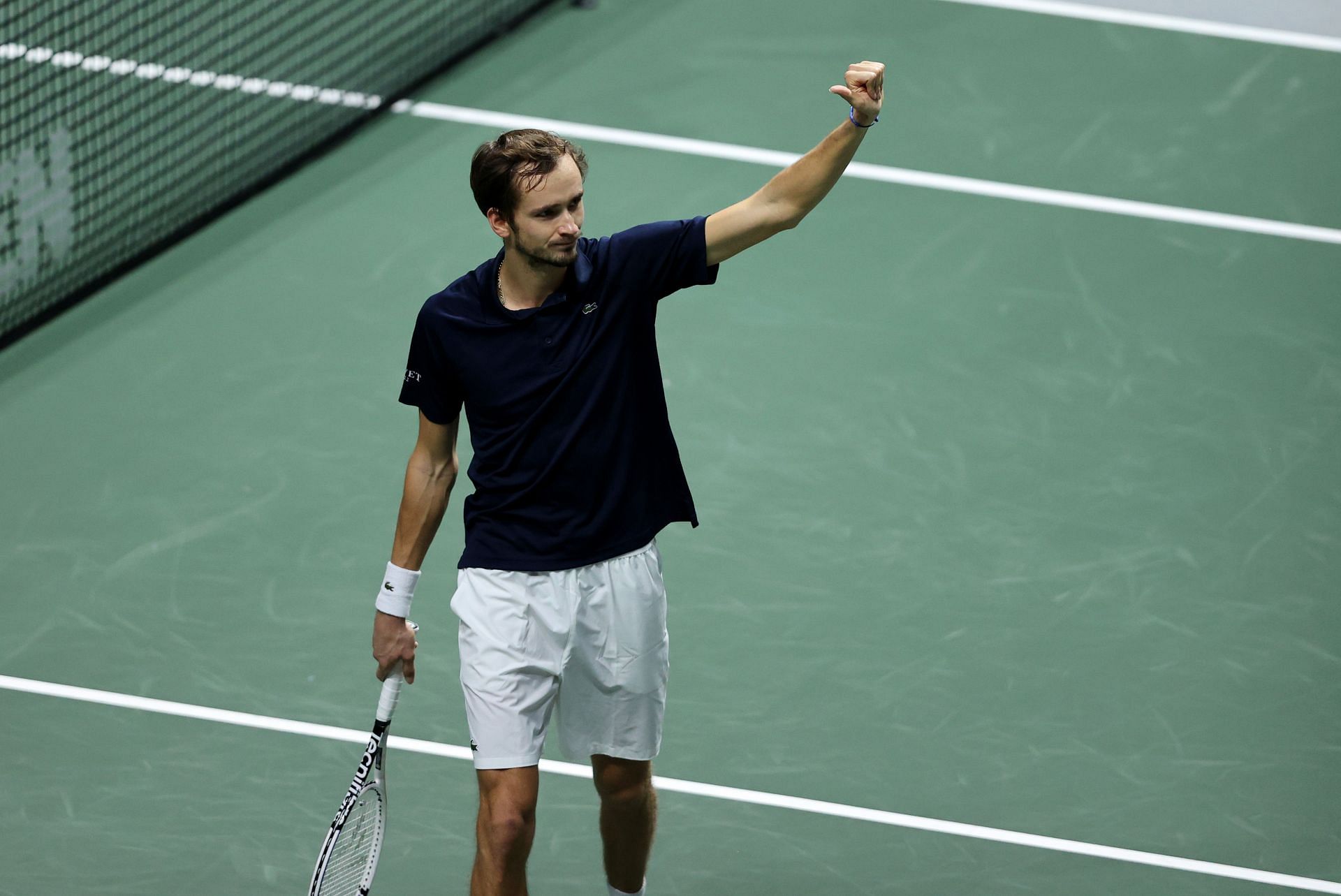 Daniil Medvedev celebrates beating Marin Cilic to clinch the 2021 Davis Cup title for the Russian Tennis Federation