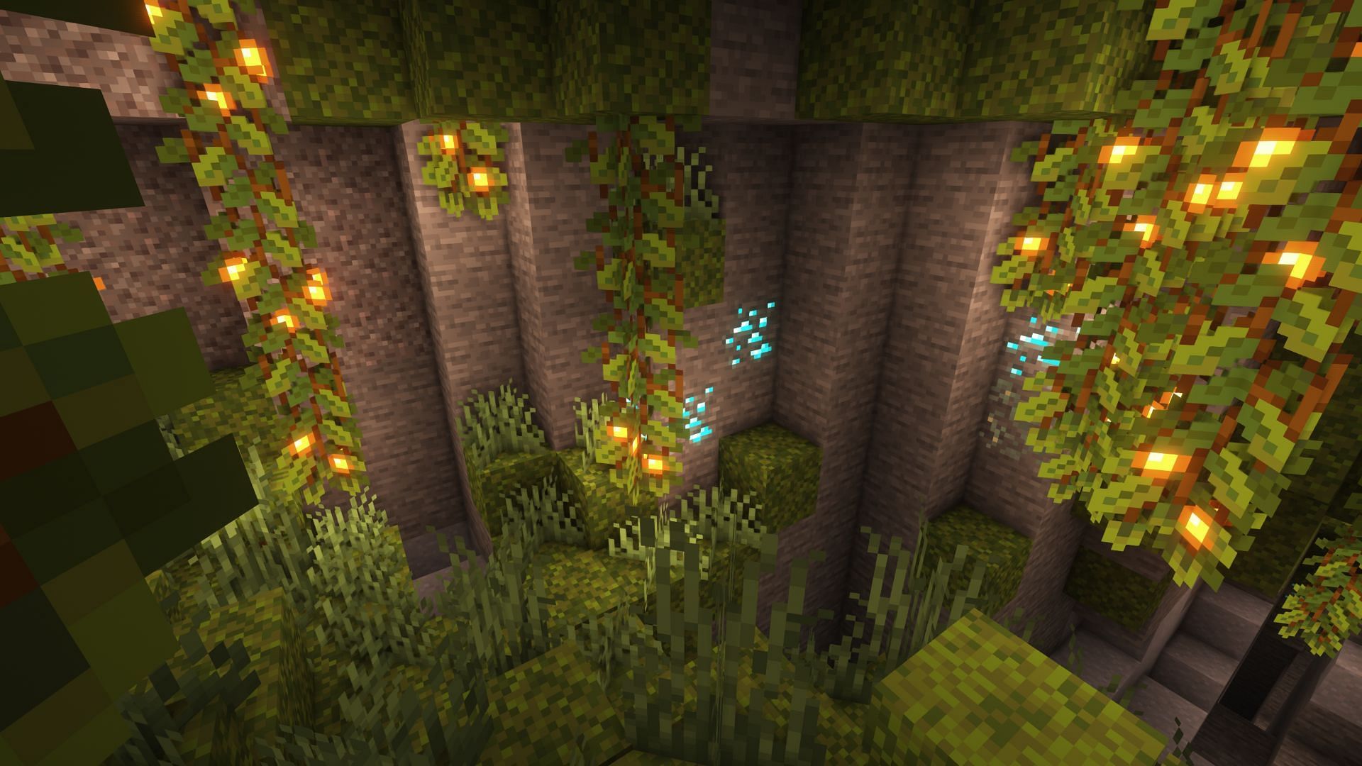 Lush caves in Minecraft 1.18 with shaders (Image via Minecraft)