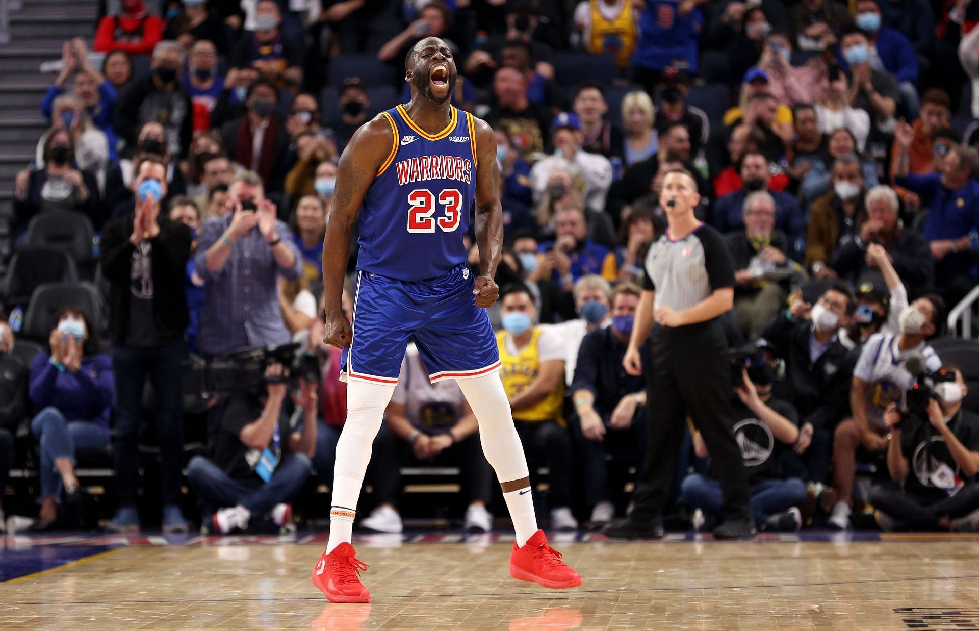 Draymond Green #23 of the Golden State Warriors reacts during the second quarter of their game against the Chicago Bulls at Chase Center on November 12, 2021 in San Francisco, California.