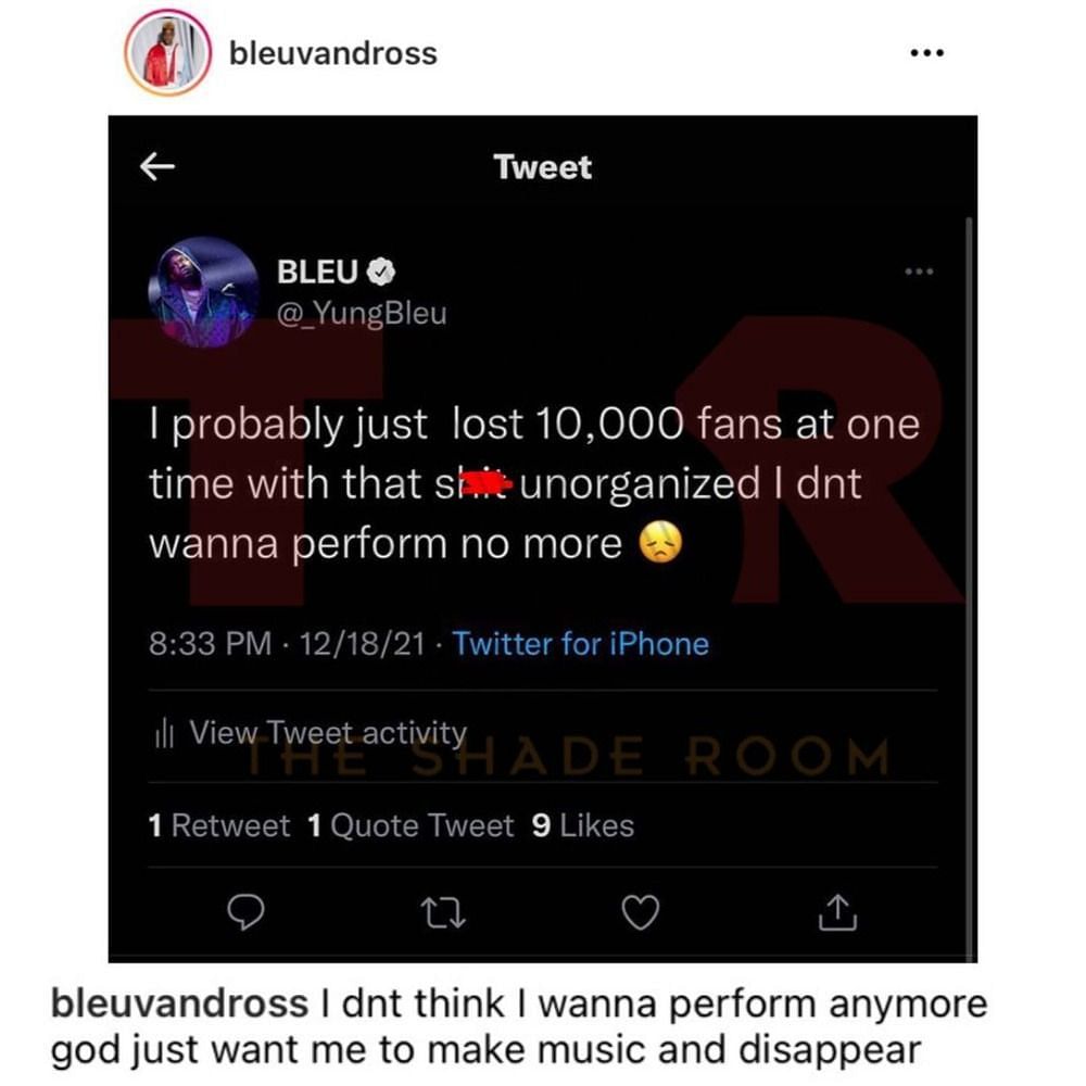 A deleted tweet Yung Bleu shared on and removed from his Instagram account (Image via Instagram)