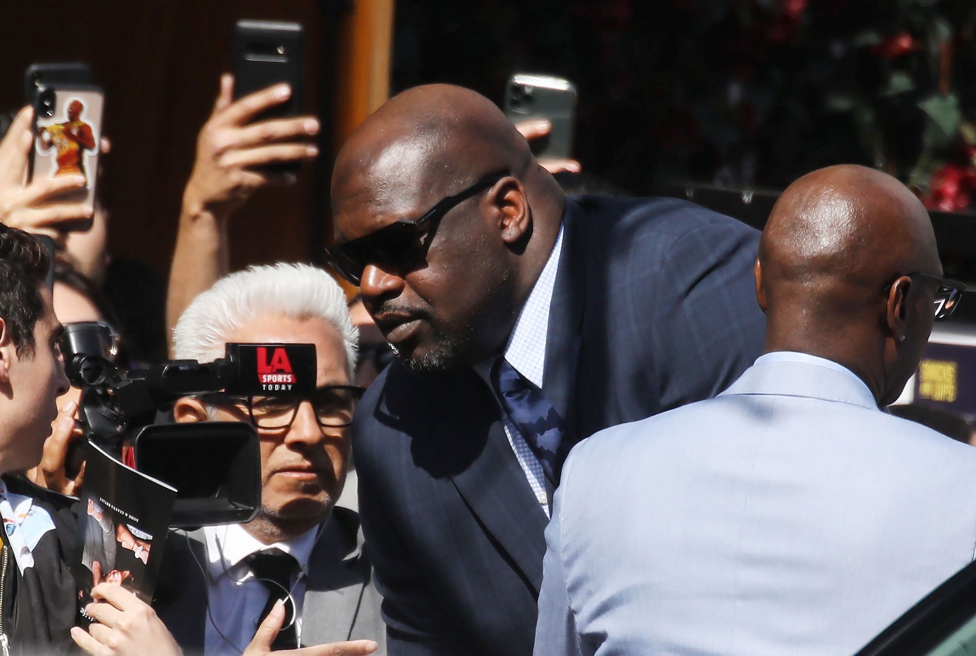 Retired NBA basketball player Shaquille O'Neal departs the ‘Celebration of Life for Kobe and Gianna Bryant’ memorial service outside the Staples Center on February 24, 2020 in Los Angeles, California. Los Angeles Lakers NBA star Kobe Bryant, 41, and his 13-year-old daughter Gianna were killed along with seven others in a helicopter crash near Los Angeles on January 26.