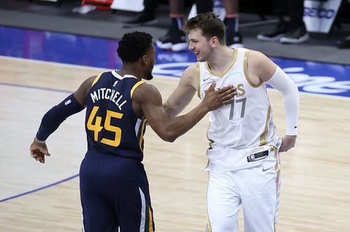 Luka Doncic of the Dallas Mavericks against Utah Jazz's Donovan Mitchell