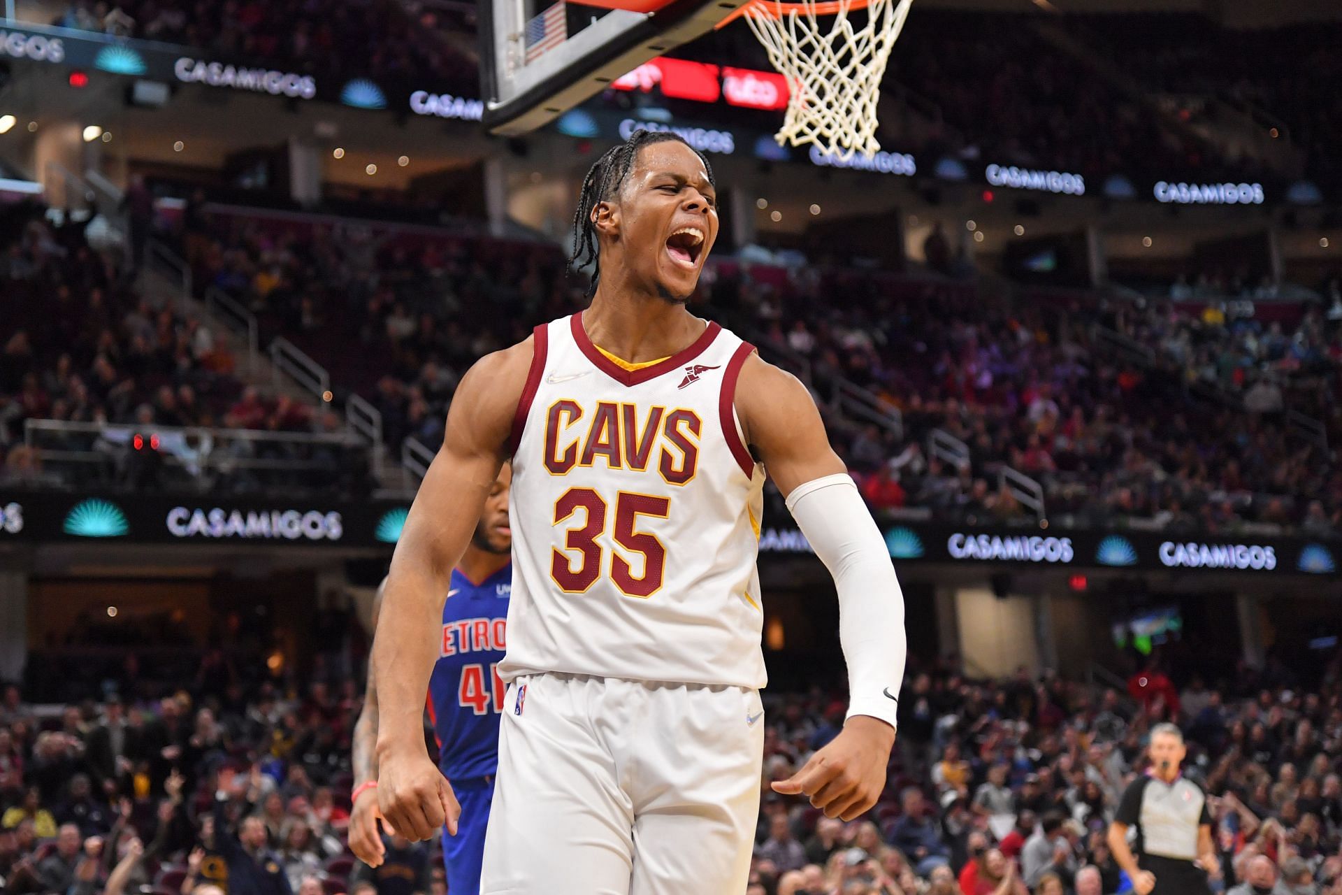 Isaac Okoro of the Cleveland Cavaliers celebrates after the basket