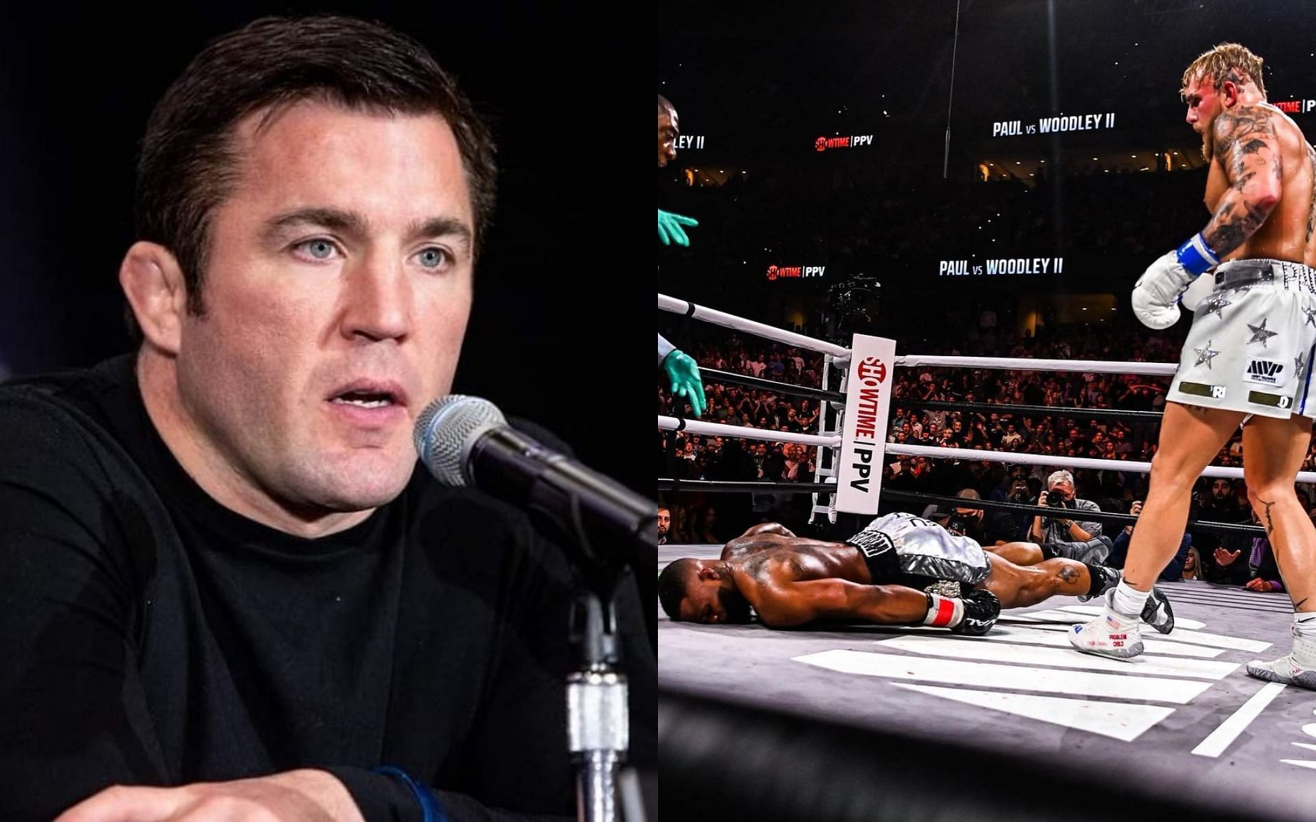 Chael Sonnen (left) and Jake Paul vs. Tyron Woodley (right) [Image Courtesy: @fighterdailydotcom and @jakepaul on Instagram}