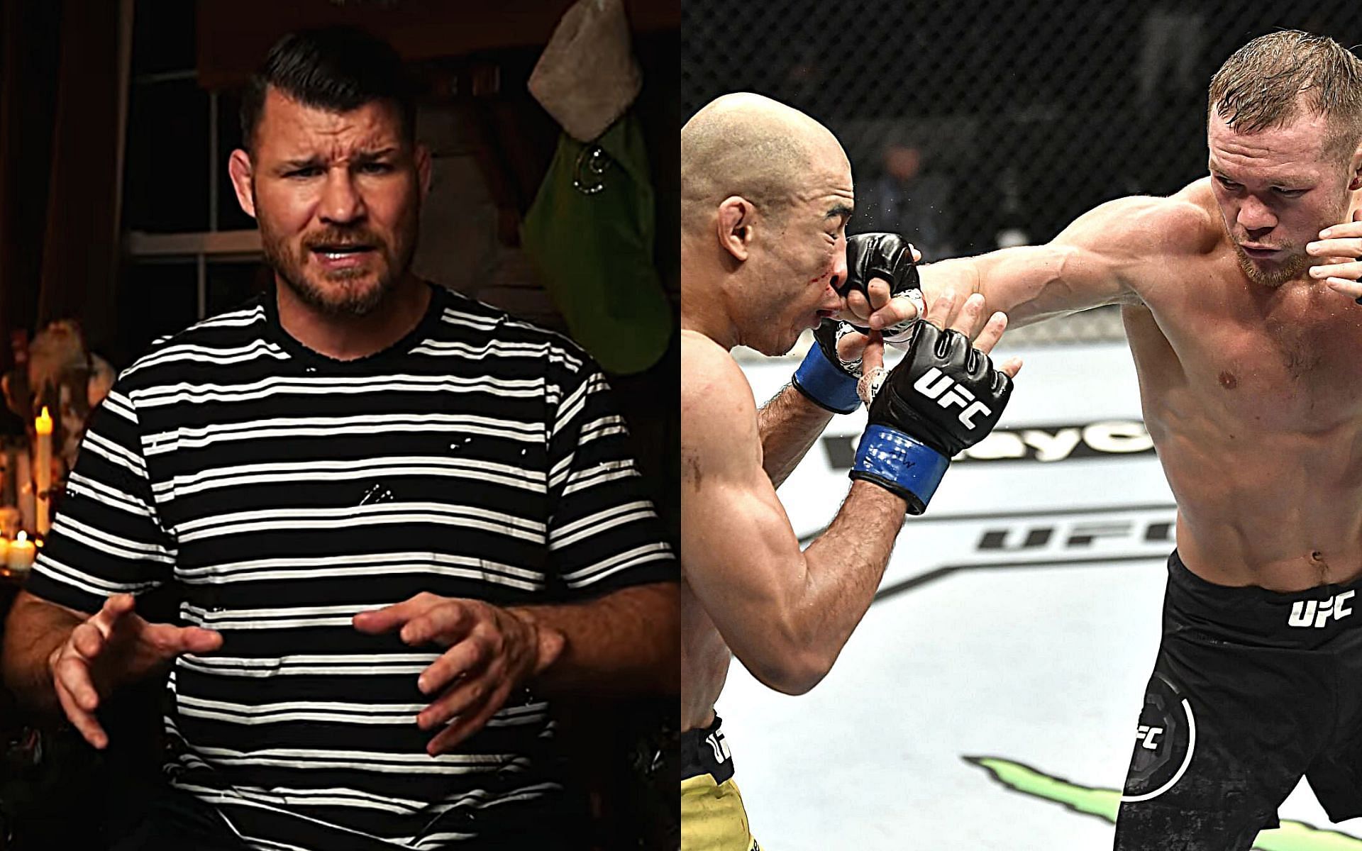 Michael Bisping (left) via youtube/michaelbisping; Petr Yan (right) in action against Jose Aldo (centre) at UFC 251