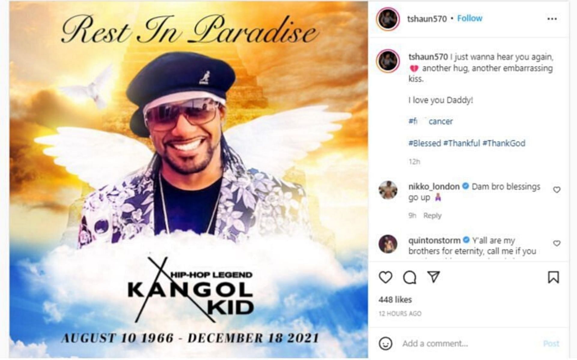 T.Shaun Fequiere&#039;s post about his father Kangol Kid&#039;s demise (Image via tshaun570/Instagram)