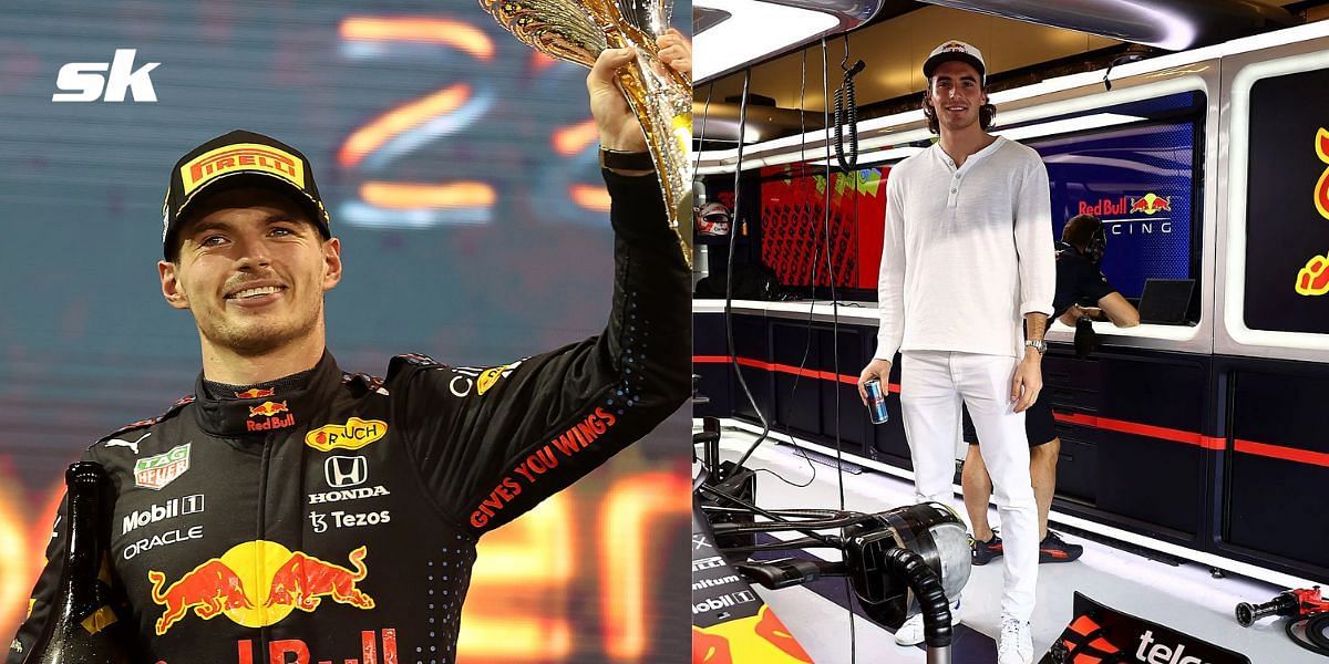 (L): Max Verstappen after winning Abu Dhabi GP, (R): Stefanos Tsitsipas at the Red Bull Racing garage