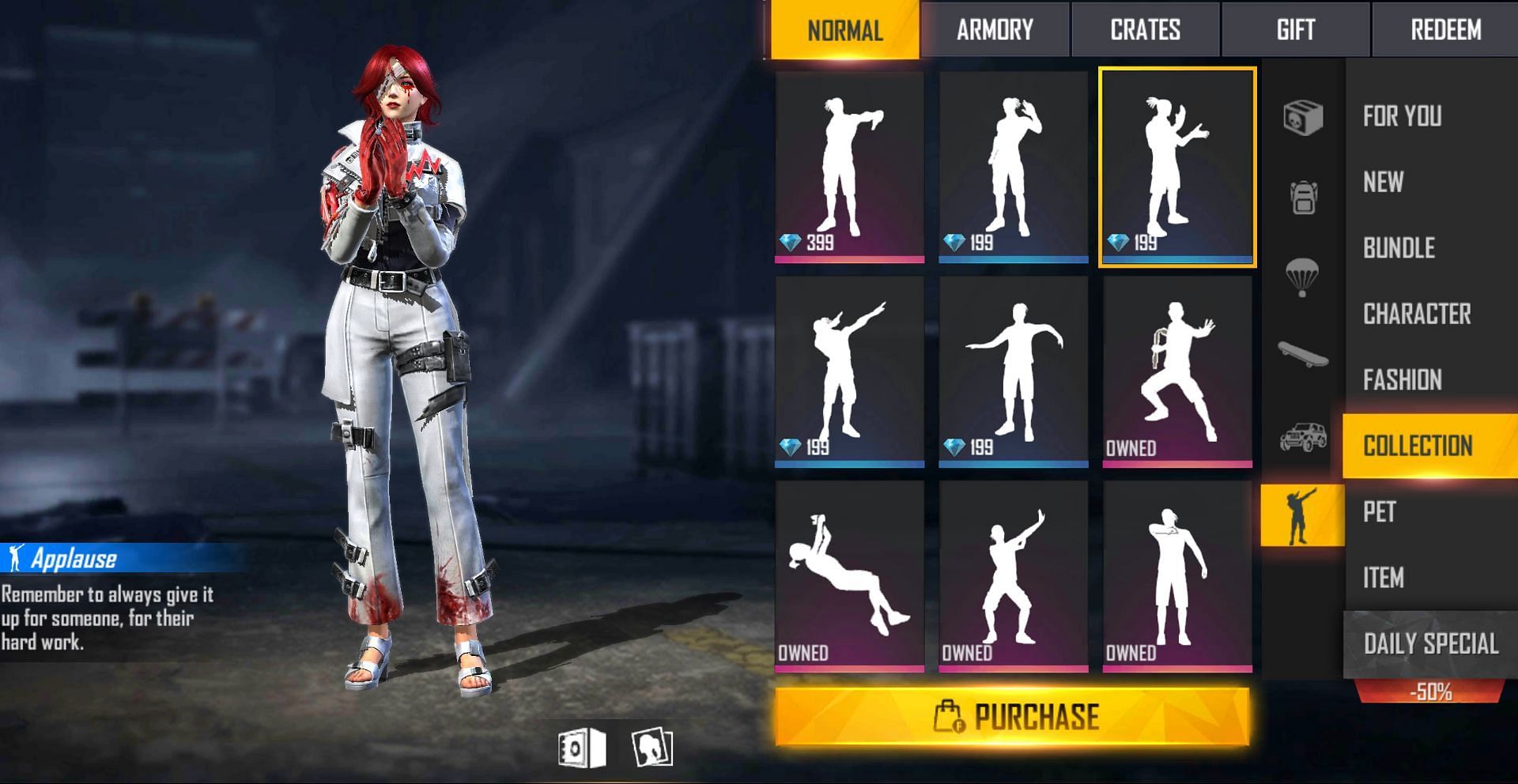 Applause can be bought for 199 diamonds (Image via Free Fire)