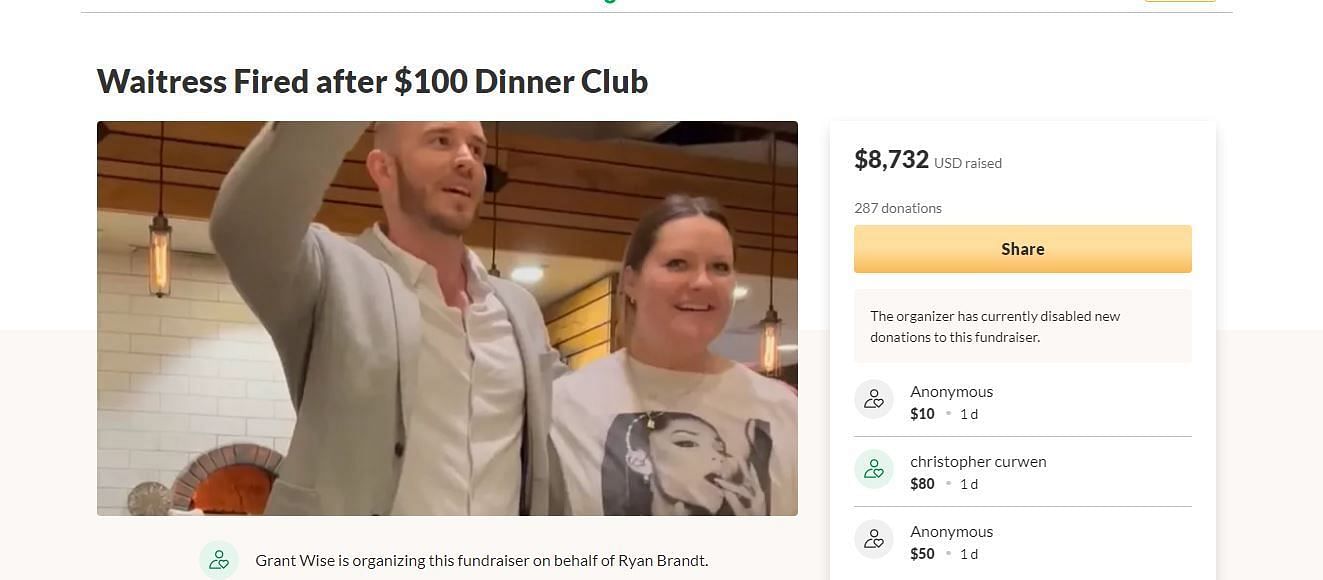 GoFundMe page for the waitress fired from Oven and Tap restaurant (Image via GoFundMe)