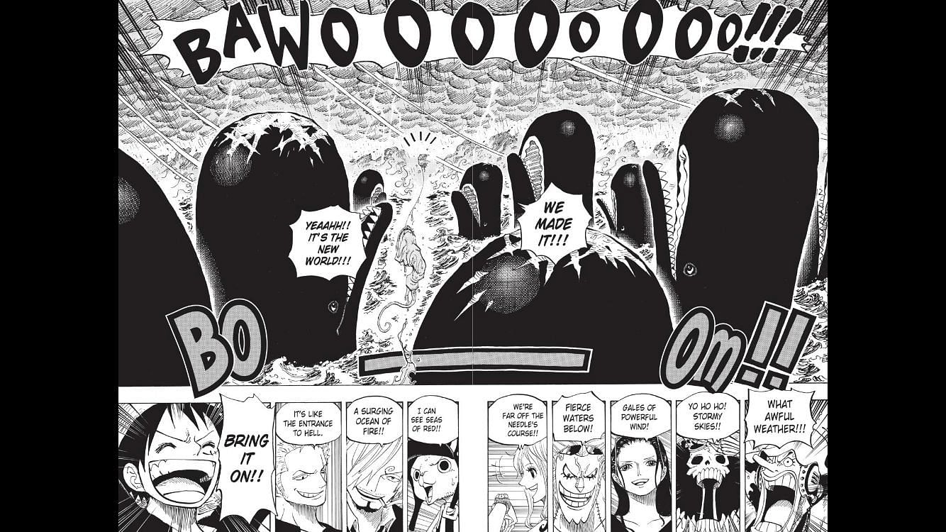 The whales sing with glee and delight as the Straw Hats enter the New World. (Image via Shueisha Shonen Jump+ app)