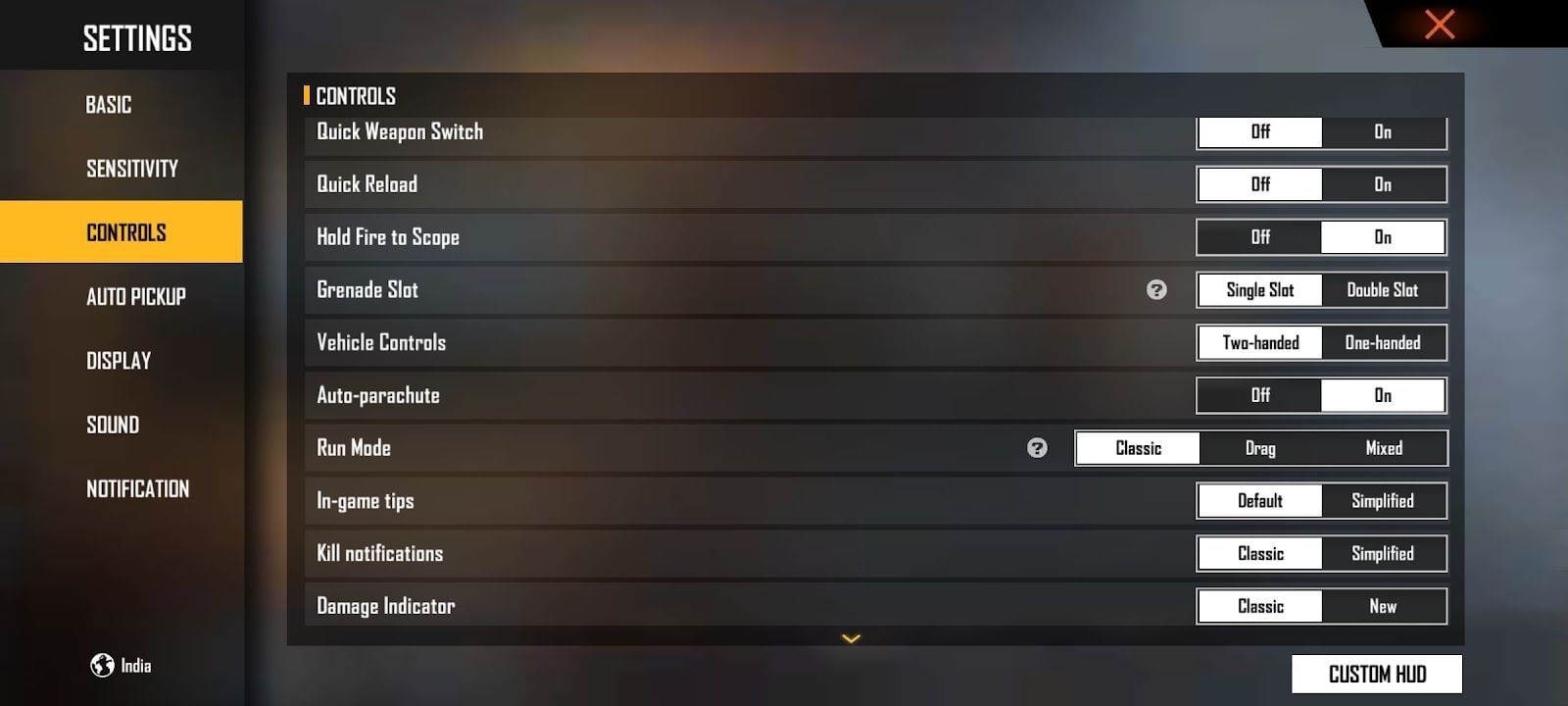 &#039;Controls&#039; settings (Image via Free Fire)