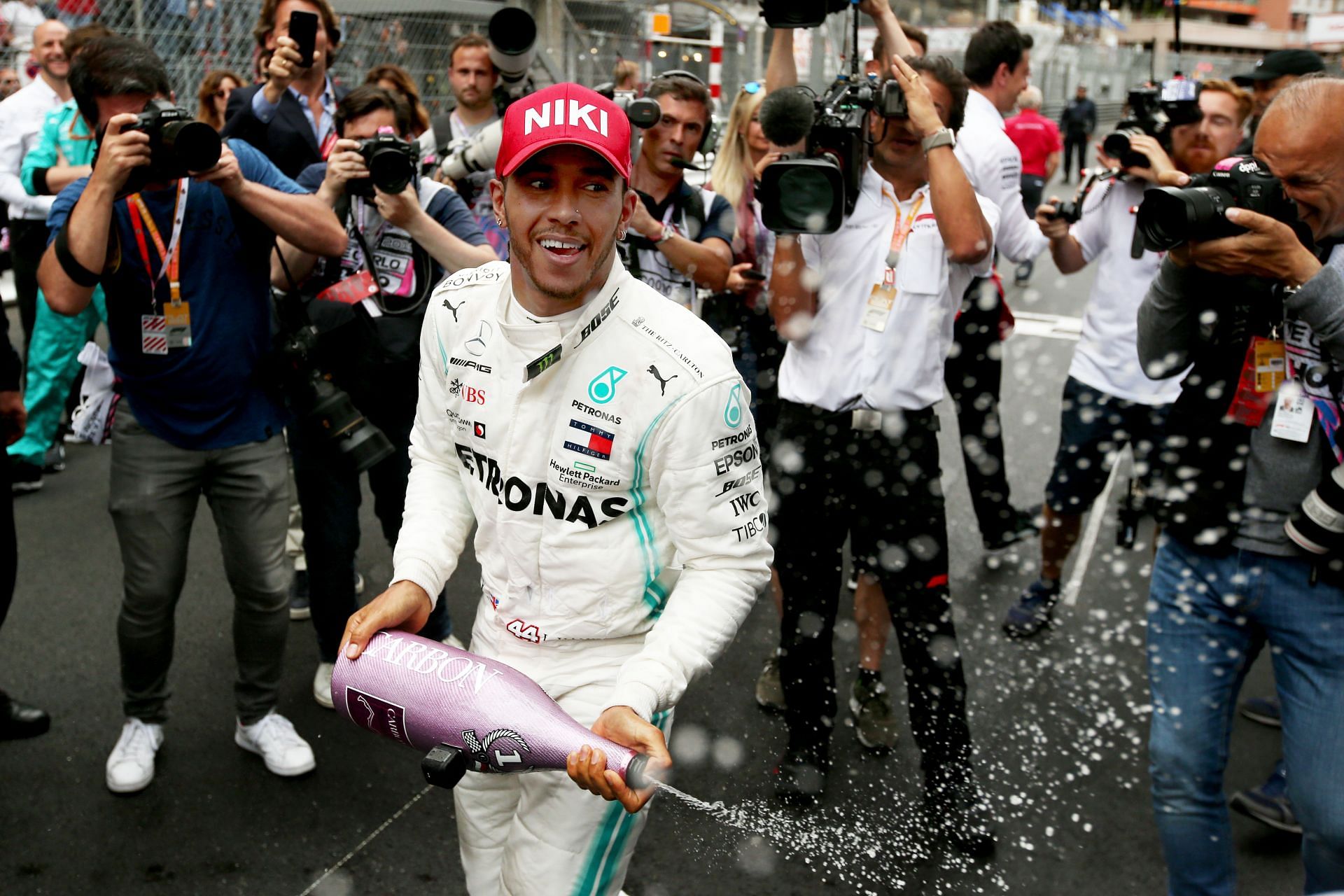 Lewis Hamilton celebrates at the 2019 Monaco Grand Prix. (Photo by Charles Coates/Getty Images)