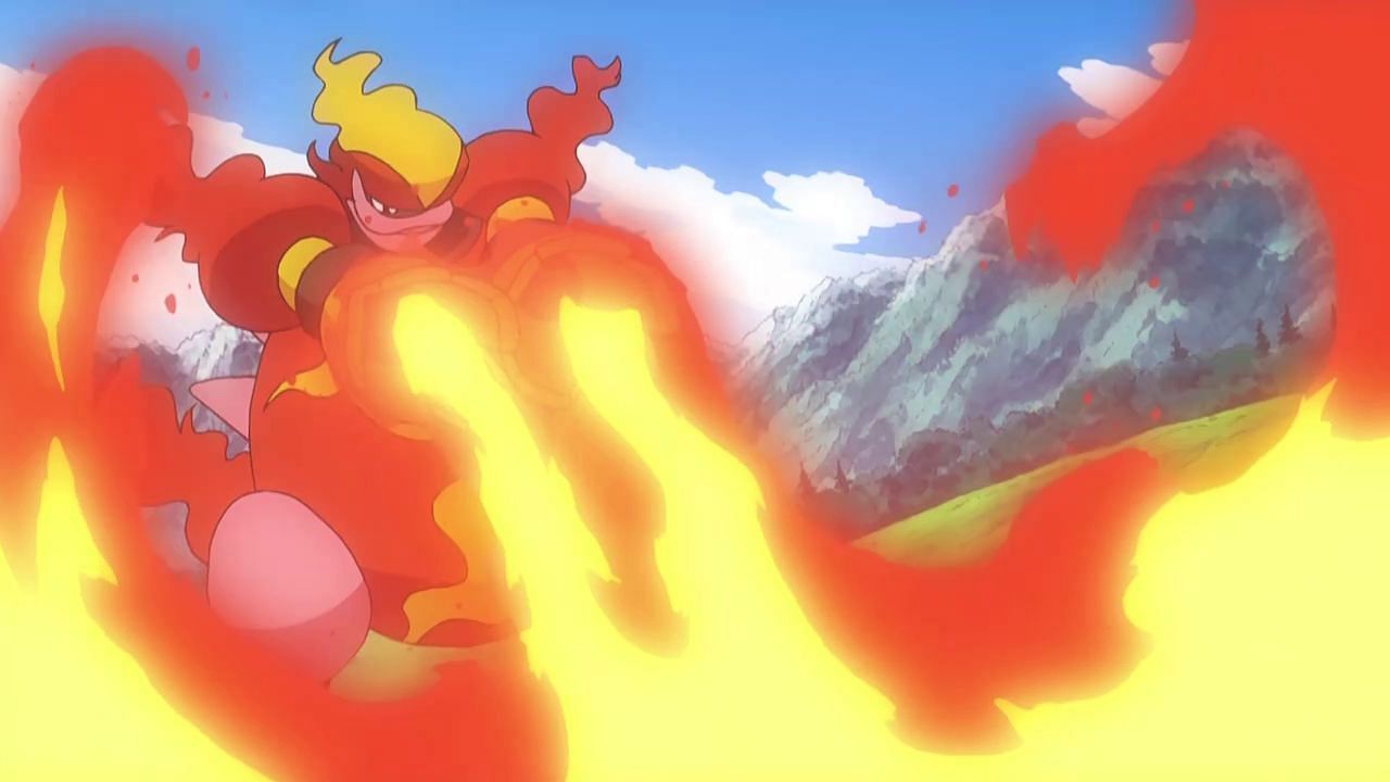 Magmortar using Flamethrower in the Pokemon anime (Image via The Pokemon Company)