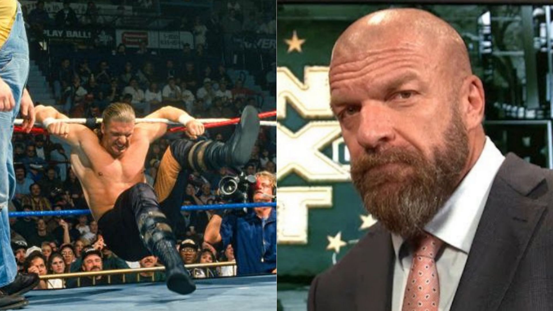 Triple H as Hunter Hearst Helmsley (left); Triple H backstage in NXT (right)