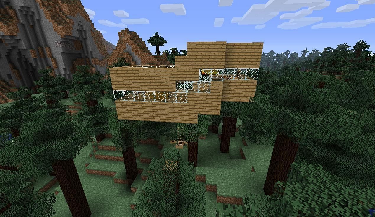 Incluso las casas en los árboles básicas pueden verse muy bien suspendidas sobre las copas de los árboles (Imagen a través de Mojang)