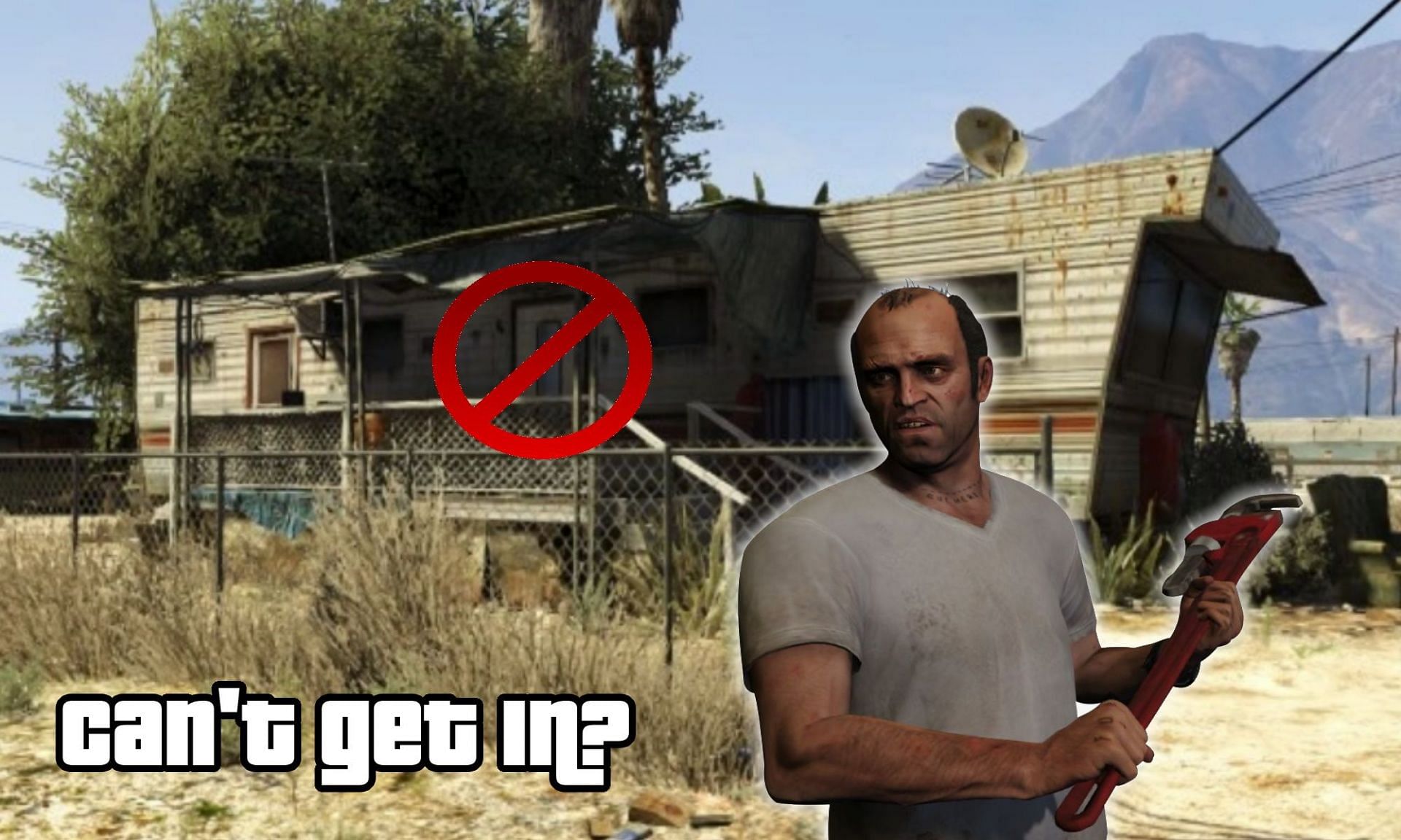 Trevor is having trouble getting inside his trailer in GTA 5 (Image via Sportskeeda)