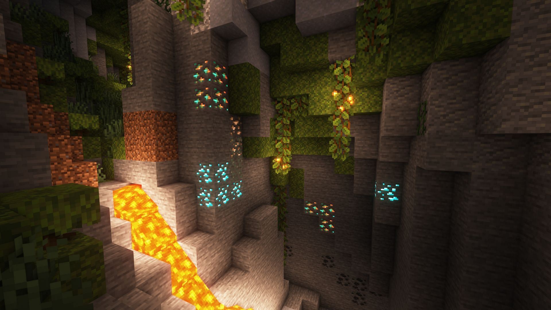 Diamond ores in a lush cave (Image via Minecraft)