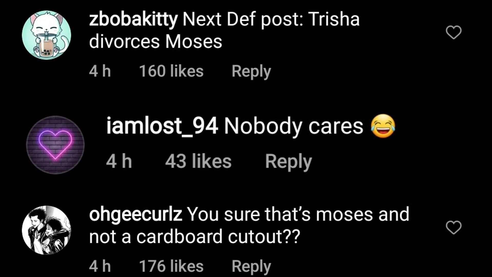Comments on def noodles&#039; post regarding Trisha Paytas and Moses Hacmon (Image via defnoodles/Instagram)