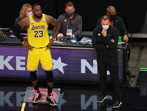 Los Angeles Lakers' LeBron James and coach Frank Vogel