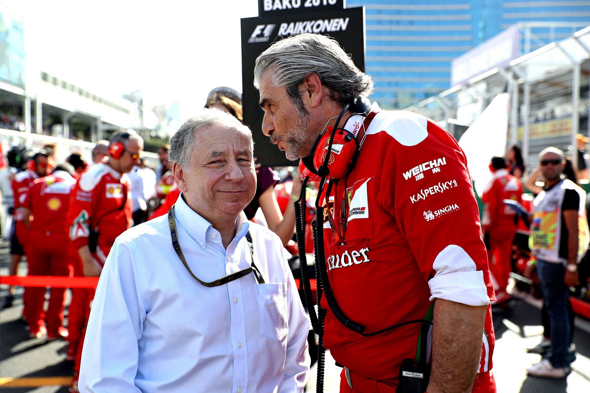 Former Ferrari Team Principal Maurizio Arrivabene has a word with then FIA President Jean Todt, 2016 European Grand Prix, Azerbaijan