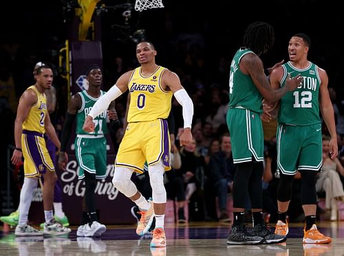 Russell Westbrook celebrates a play for the LA Lakers