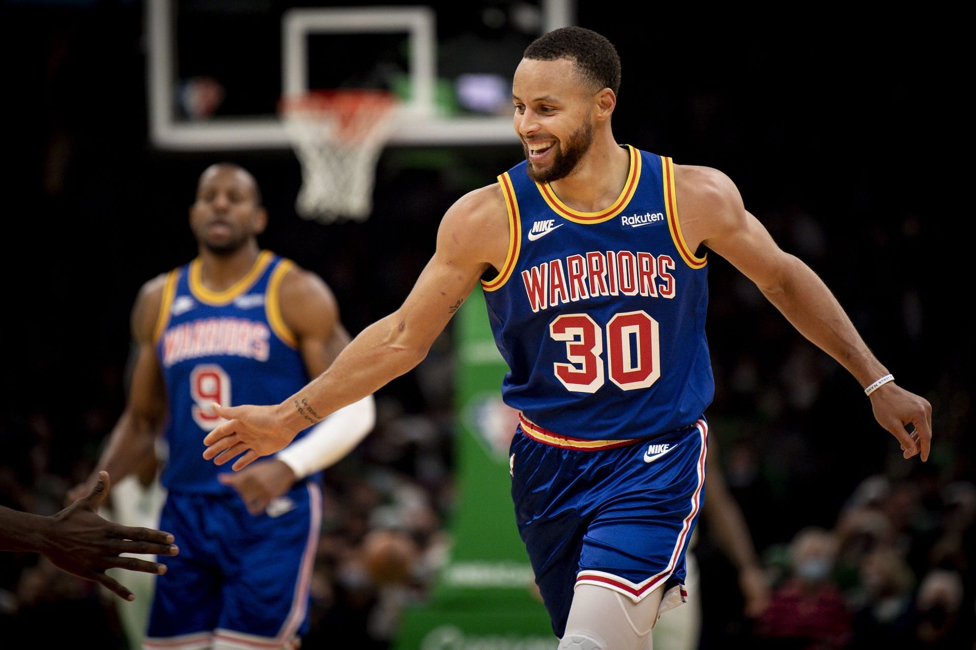 Steph Curry #30 of the Golden State Warriors reacts during the second half against the Boston Celtics at TD Garden on December 17, 2021 in Boston, Massachusetts.