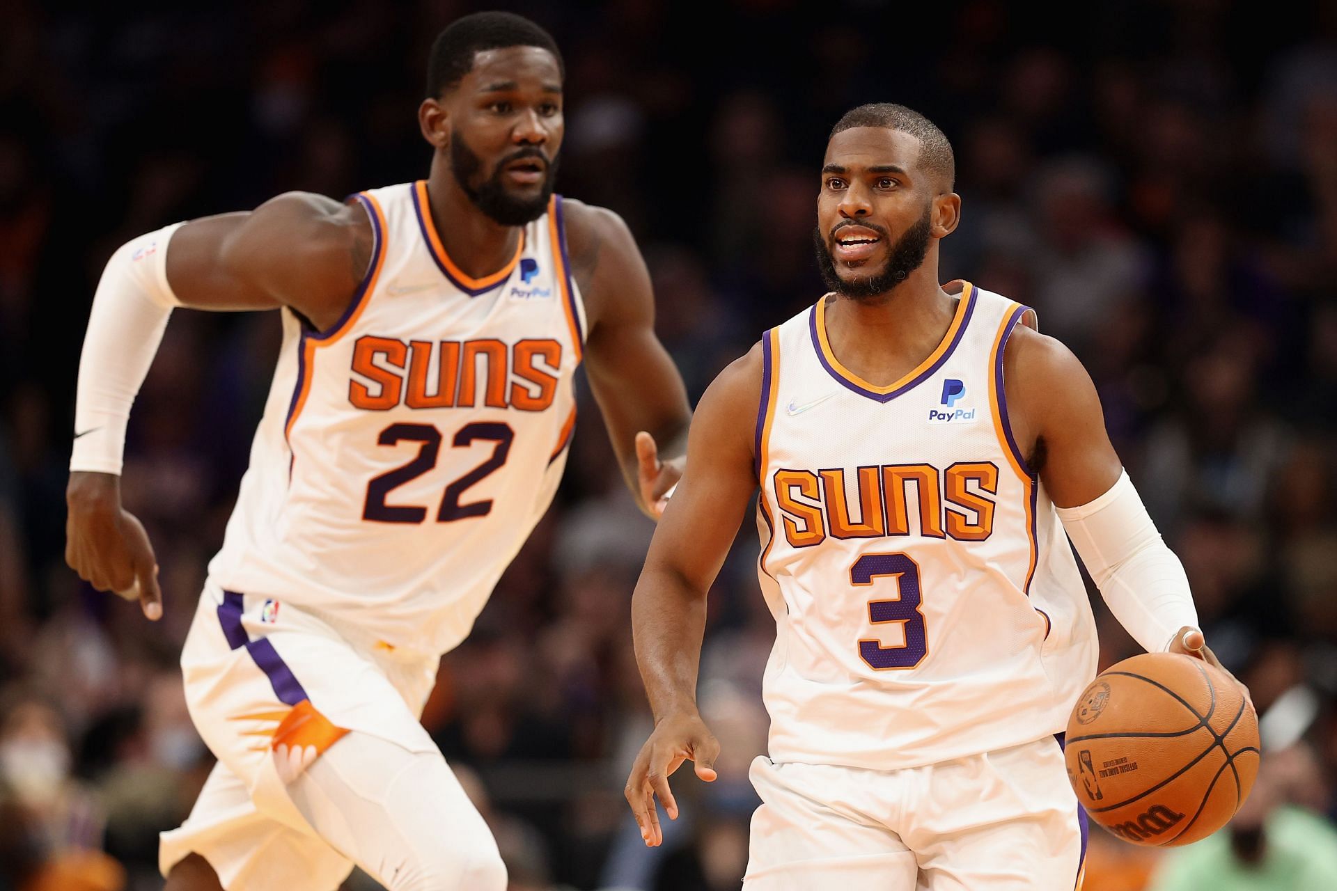 Chris Paul #3 of the Phoenix Suns handles the ball during the first half of the NBA game against the Dallas Mavericks at Footprint Center on November 17, 2021 in Phoenix, Arizona.