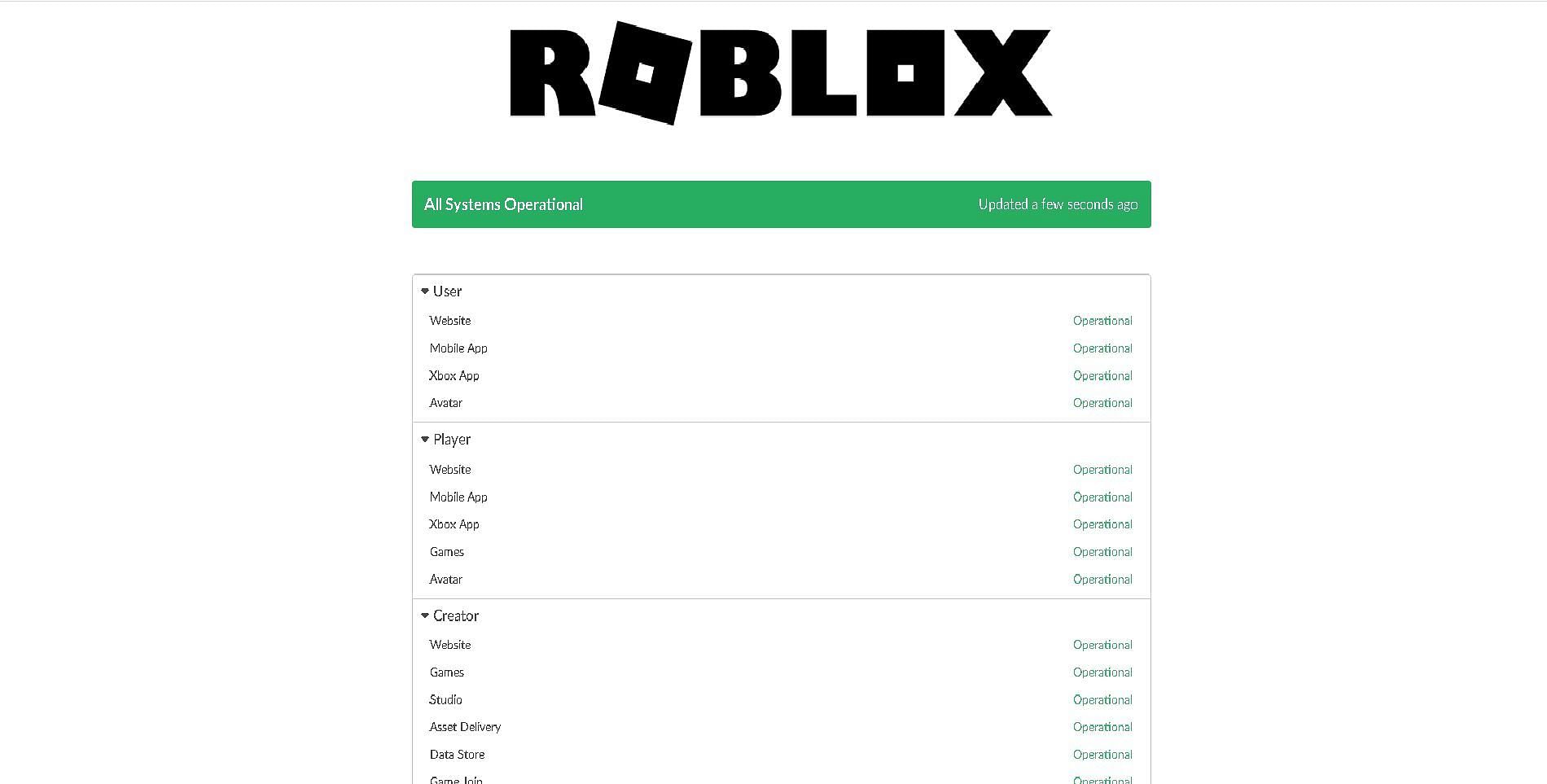 Roblox&rsquo;s own server status page (Image via Roblox)