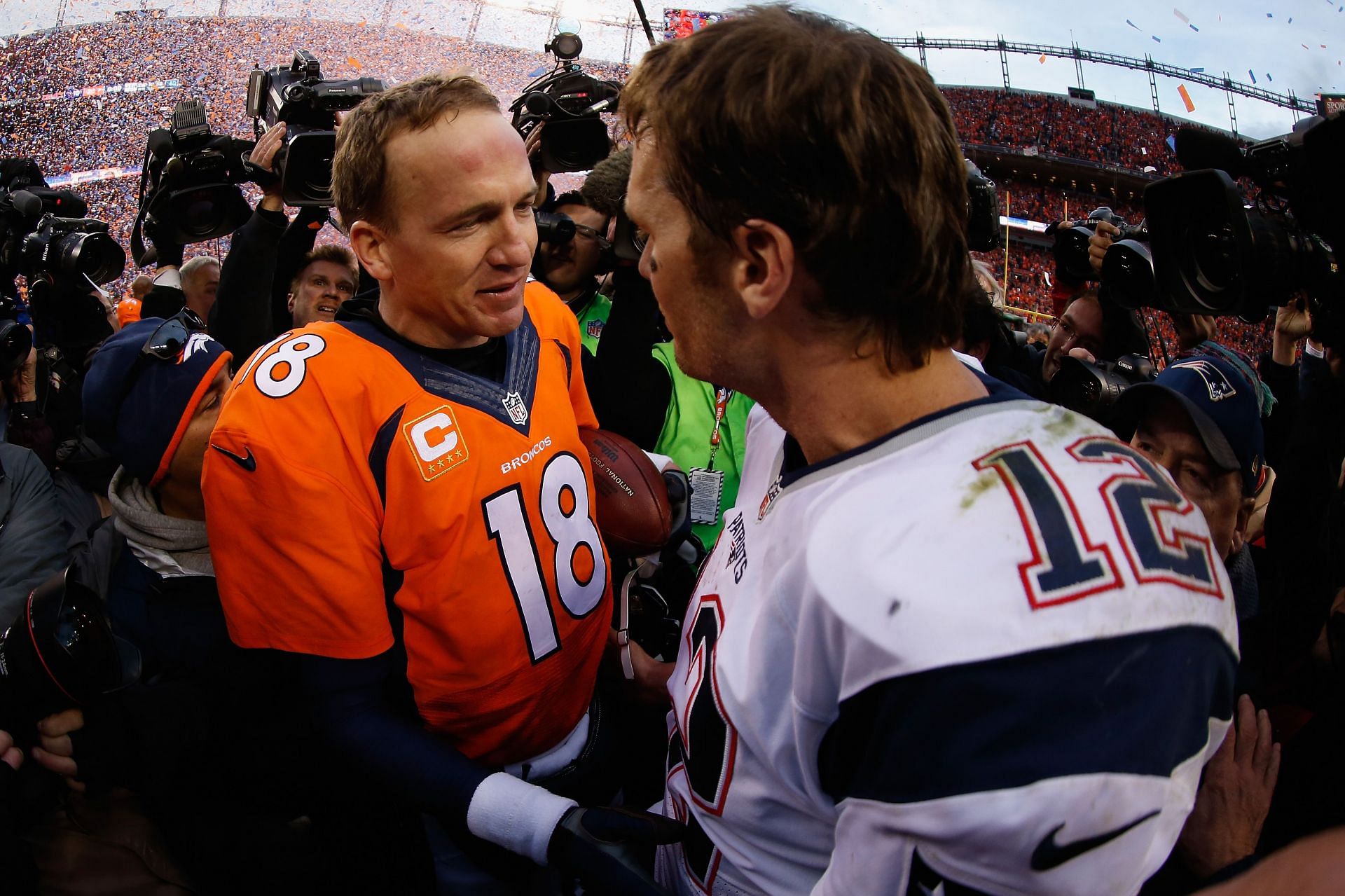 Former New England Patriots QB Tom Brady and former Denver Broncos QB Peyton Manning