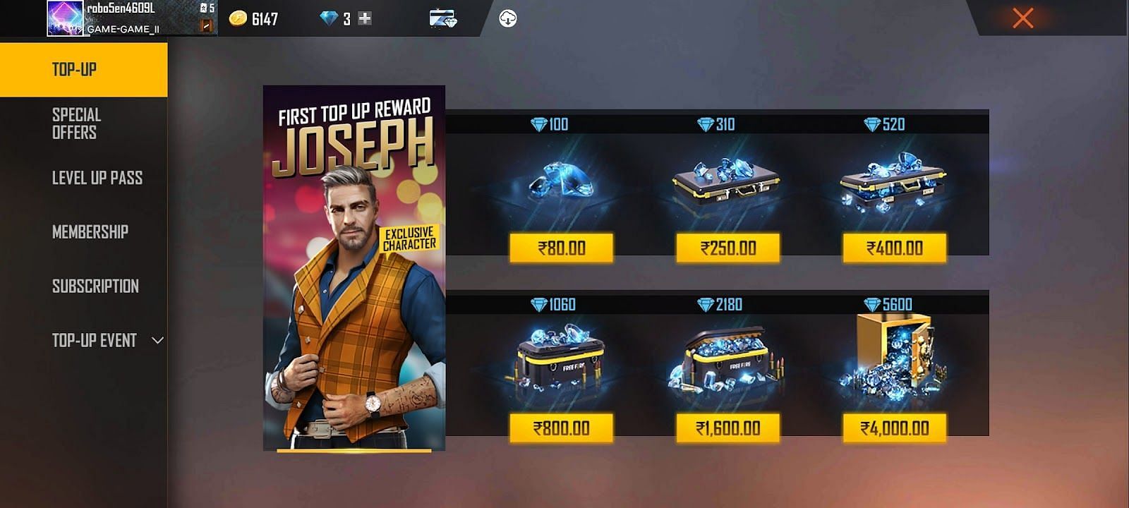 Free Fire&#039;s in-game top-up service (Image via Garena Free Fire)