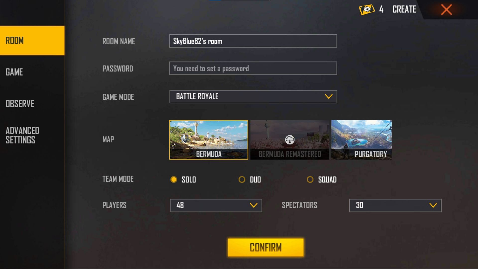 Tap on the &#039;Confirm&#039; button to successfully create a room (Image via Free Fire)